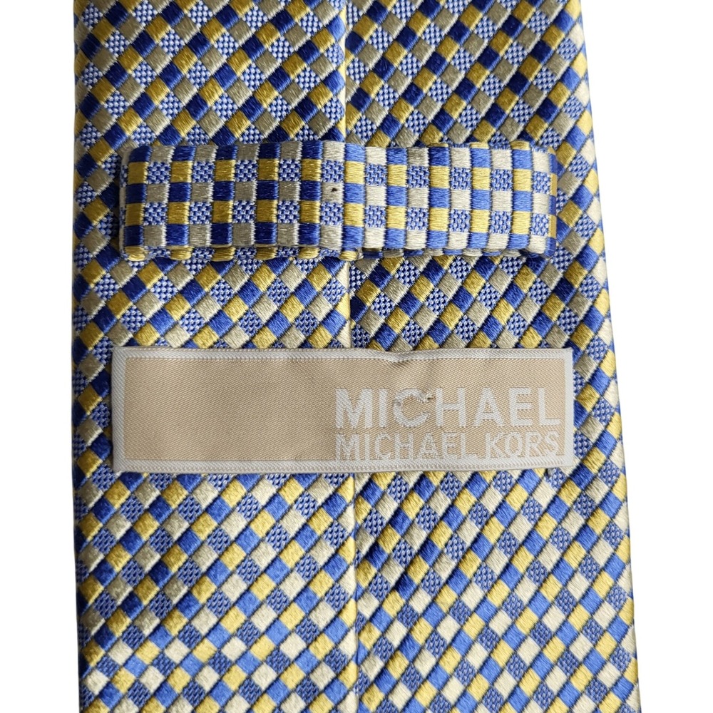 Michael Kors Blue Gold Checkered Silk‎ Necktie Formal Business Accessory